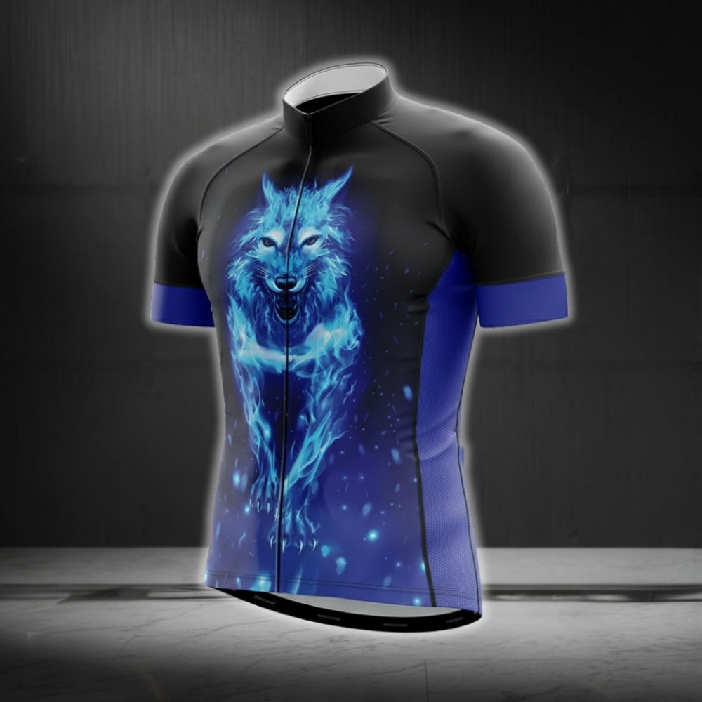 Wolf Black And Blue Cycling Jersey Short Sleeve For Men, Wolf Cycling Jerseys CG0188
