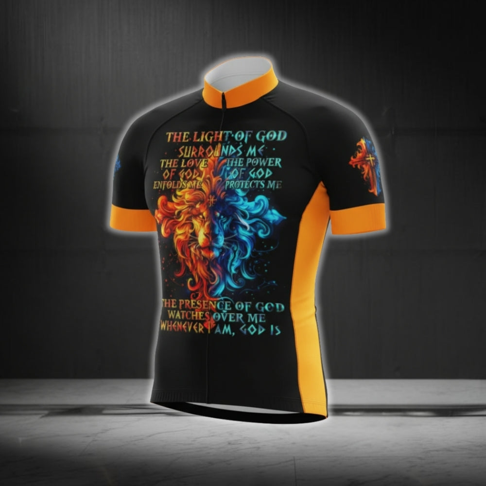 The Light Of God Orange And Blue Lion Cycling Short Sleeve Jersey Men, Christian Cycling Jerseys CG0537