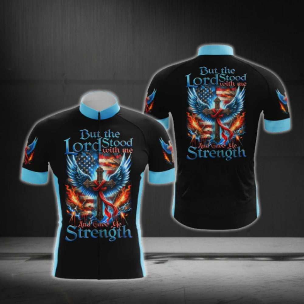 But The Lord Stood With Me And Gave Me Strength Cross USA Flag Cycling Short Sleeve Jersey For Men, Christian Faith Cycling Jerseys CG0538