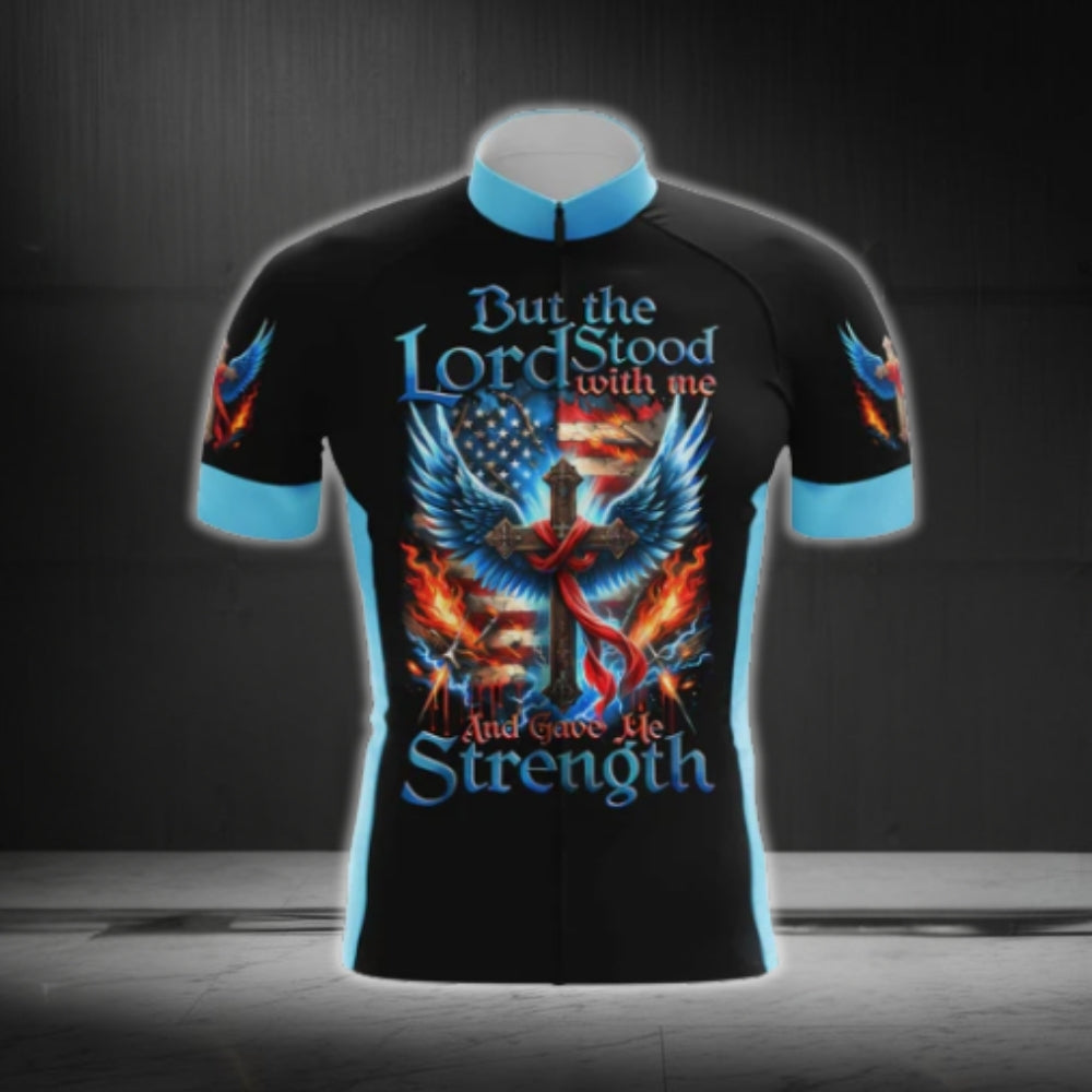 But The Lord Stood With Me And Gave Me Strength Cross USA Flag Cycling Short Sleeve Jersey For Men, Christian Faith Cycling Jerseys CG0538