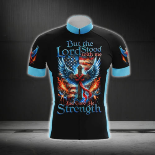 But The Lord Stood With Me And Gave Me Strength Cross USA Flag Cycling Short Sleeve Jersey For Men, Christian Faith Cycling Jerseys CG0538