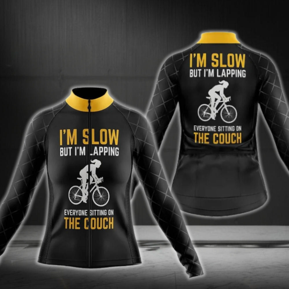 I'm Slow But I'm Lapping Everyone Sitting On The Couch Long Sleeve Cycling Jersey For Women, Women's Funny Cycling Jerseys CG0416