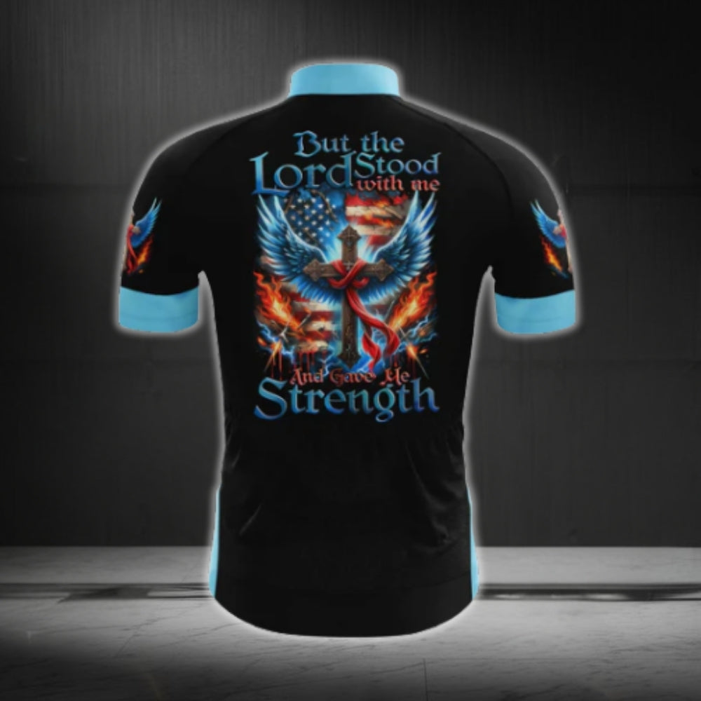 But The Lord Stood With Me And Gave Me Strength Cross USA Flag Cycling Short Sleeve Jersey For Men, Christian Faith Cycling Jerseys CG0538