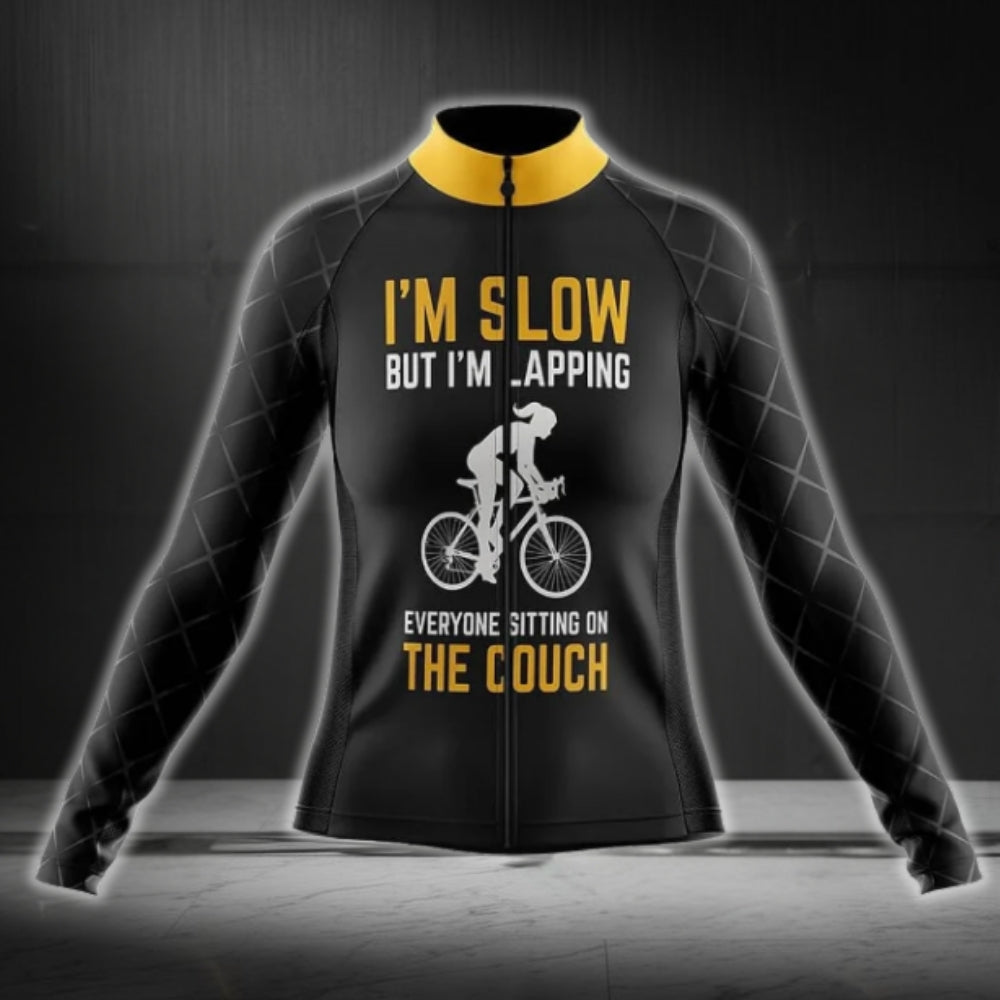 I'm Slow But I'm Lapping Everyone Sitting On The Couch Long Sleeve Cycling Jersey For Women, Women's Funny Cycling Jerseys CG0416