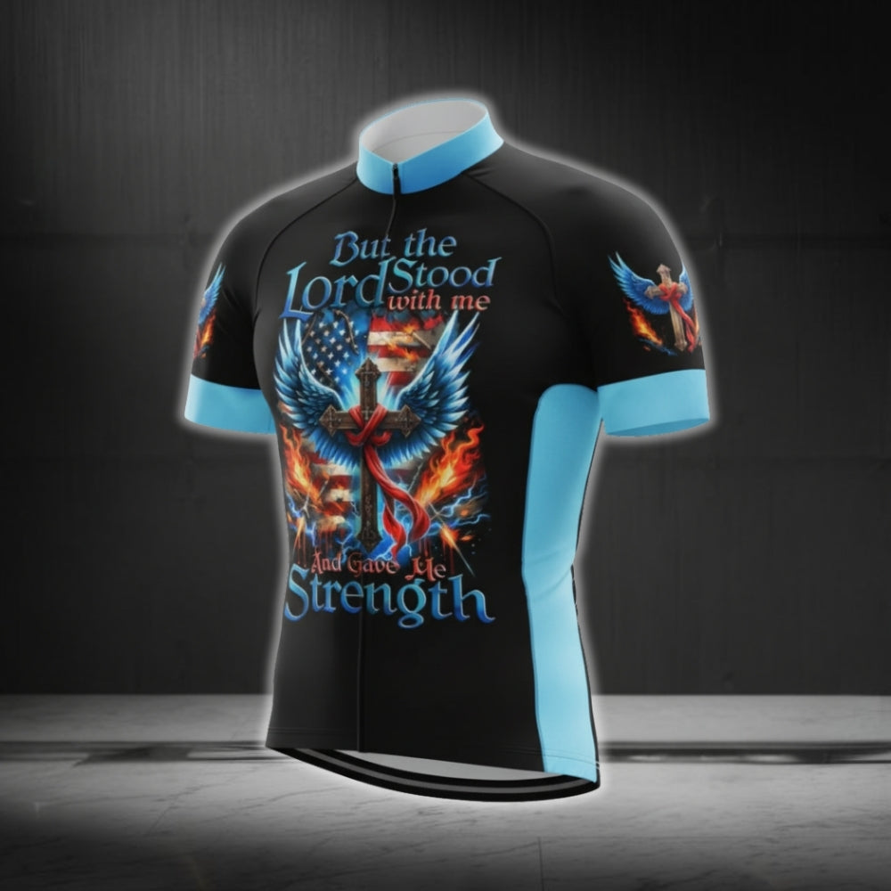 But The Lord Stood With Me And Gave Me Strength Cross USA Flag Cycling Short Sleeve Jersey For Men, Christian Faith Cycling Jerseys CG0538