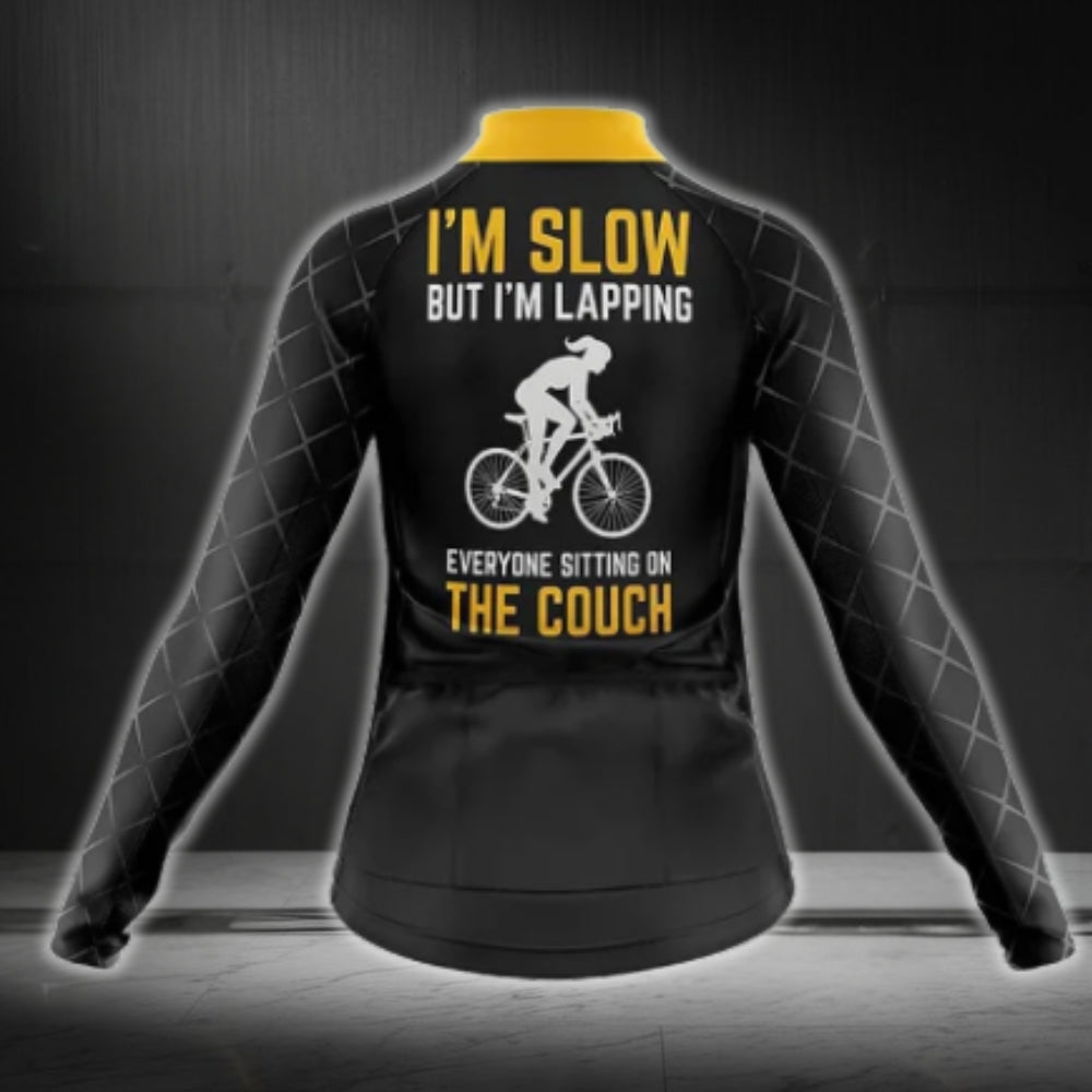 I'm Slow But I'm Lapping Everyone Sitting On The Couch Long Sleeve Cycling Jersey For Women, Women's Funny Cycling Jerseys CG0416