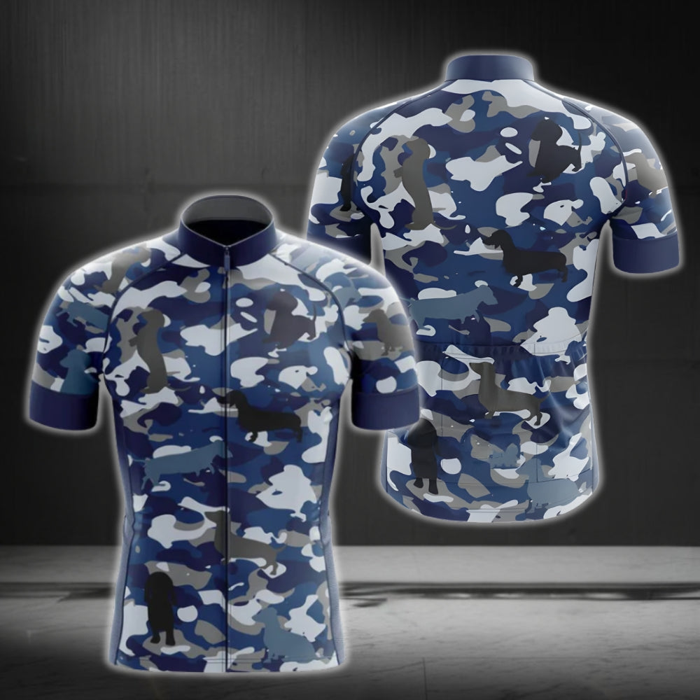 Blue Camo Wiener Dachshund Men's Cycling Jersey Short Sleeve, Dachshund Camo Cycling Jersey For Dog Lovers CG0045