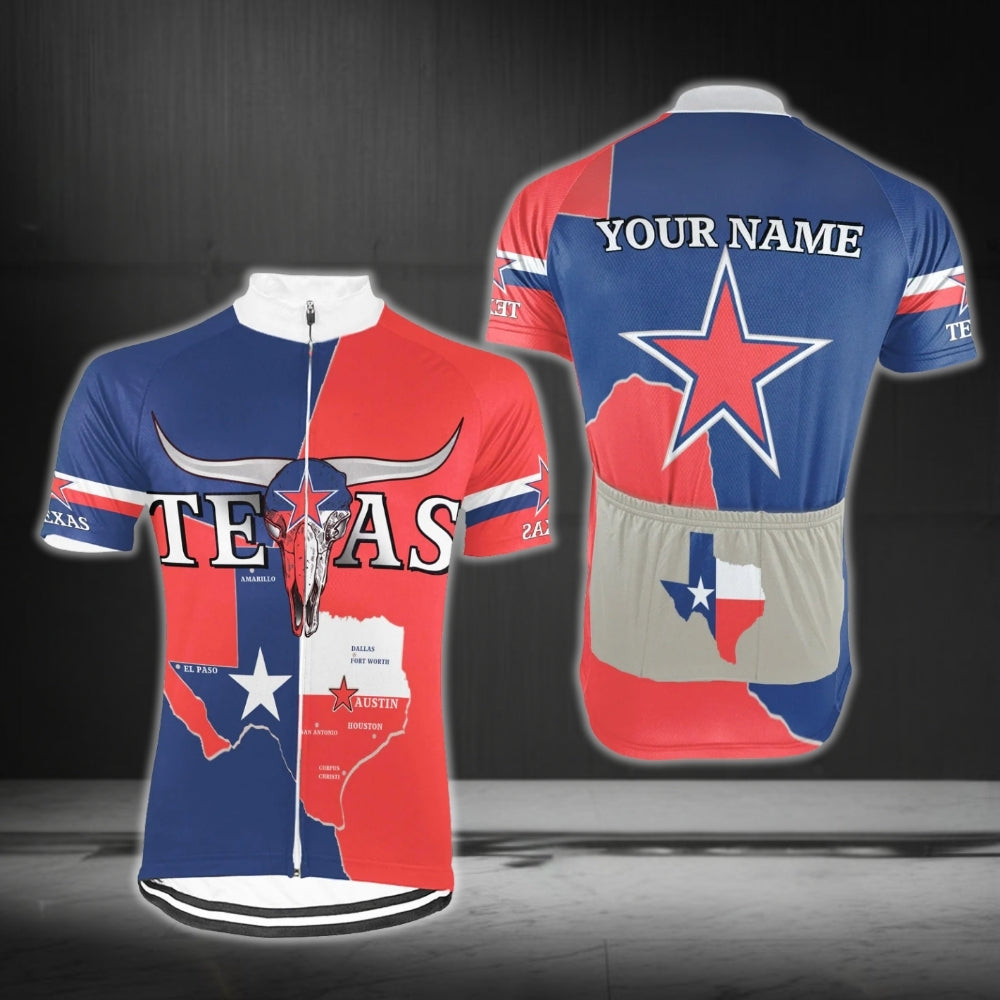 Custom Blue And Red Texas Flag Cycling Jersey Short Sleeve Mens, Custom Texas Cycling Jerseys CG0315
