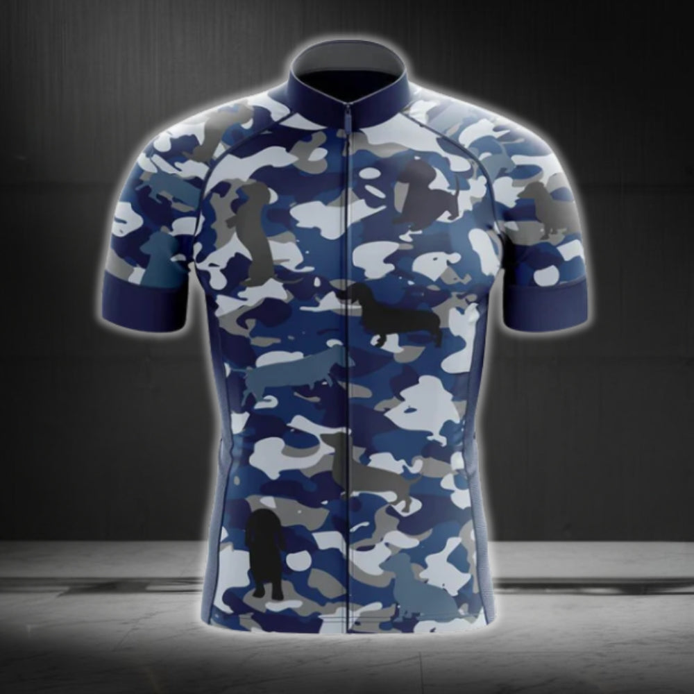 Blue Camo Wiener Dachshund Men's Cycling Jersey Short Sleeve, Dachshund Camo Cycling Jersey For Dog Lovers CG0045