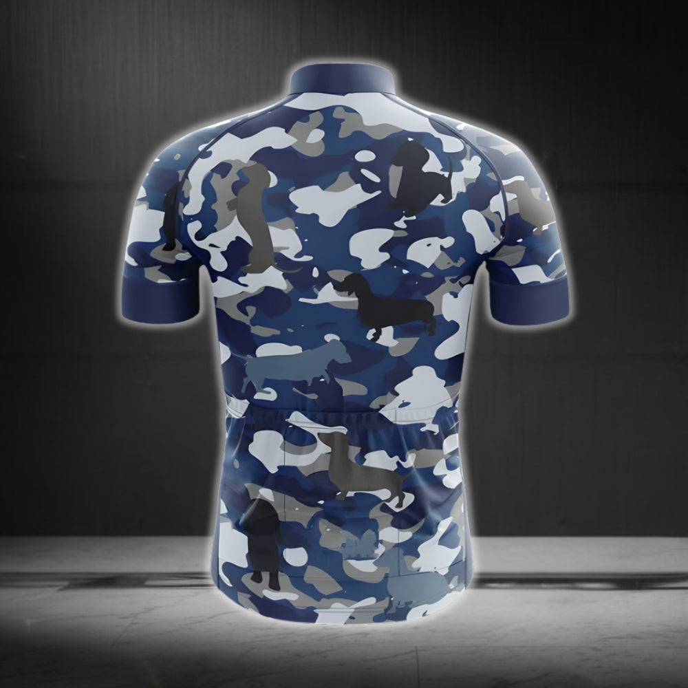 Blue Camo Wiener Dachshund Men's Cycling Jersey Short Sleeve, Dachshund Camo Cycling Jersey For Dog Lovers CG0045