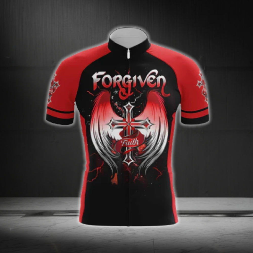 Black And Red Forgiven Cross Cycling Short Sleeve Men Jersey, Christian Cycling Jerseys CG0540