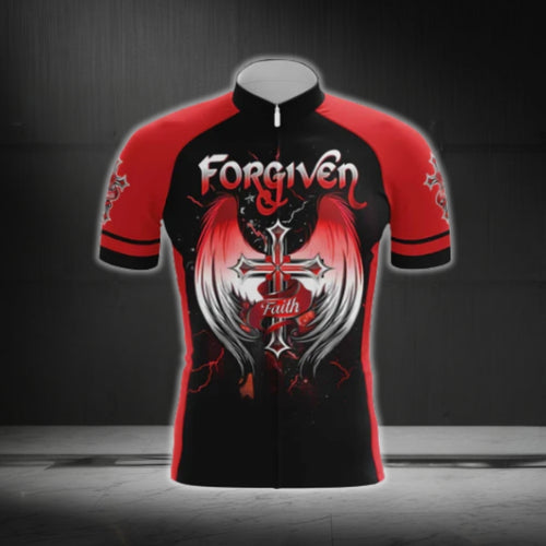 Black And Red Forgiven Cross Cycling Short Sleeve Men Jersey, Christian Cycling Jerseys CG0540