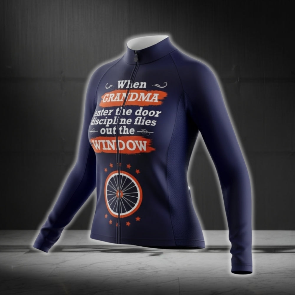 When Grandma Enter The Door Discipline Flies Out The Window Women's Long Sleeve Cycling Jersey, Funny Grandma Cycling Jersey CG0417