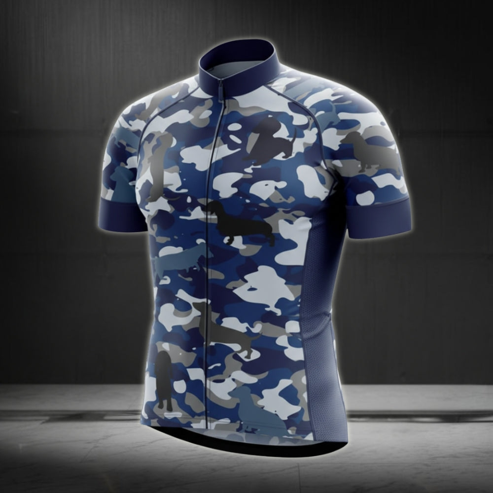 Blue Camo Wiener Dachshund Men's Cycling Jersey Short Sleeve, Dachshund Camo Cycling Jersey For Dog Lovers CG0045