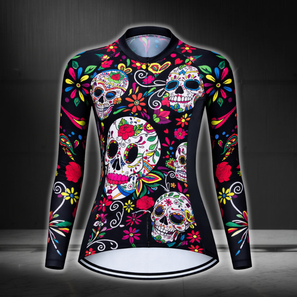 Sugar Skull Cycling Long Sleeve Jersey Womens, Day Of The Dead Cycling Jerseys For Ladies CZ0134