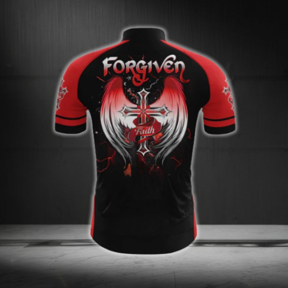 Black And Red Forgiven Cross Cycling Short Sleeve Men Jersey, Christian Cycling Jerseys CG0540