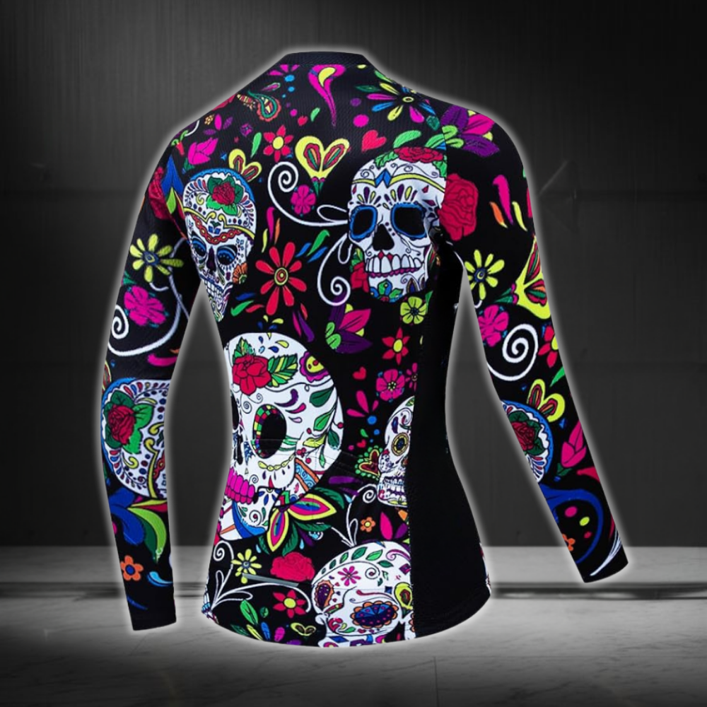 Sugar Skull Cycling Long Sleeve Jersey Womens, Day Of The Dead Cycling Jerseys For Ladies CZ0134