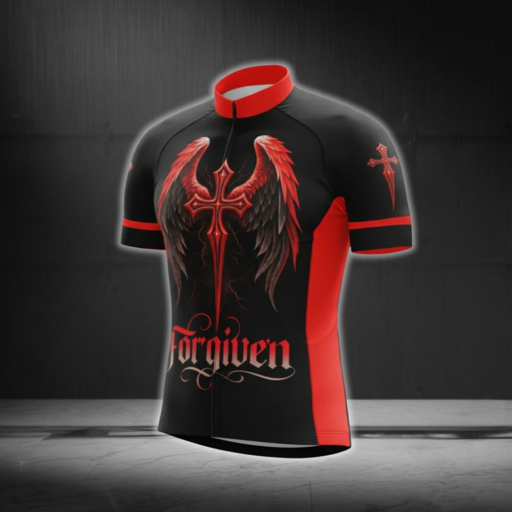 Black And Red Forgiven Cross Cycling Short Sleeve Men Jersey, Christian Cycling Jerseys CG0540