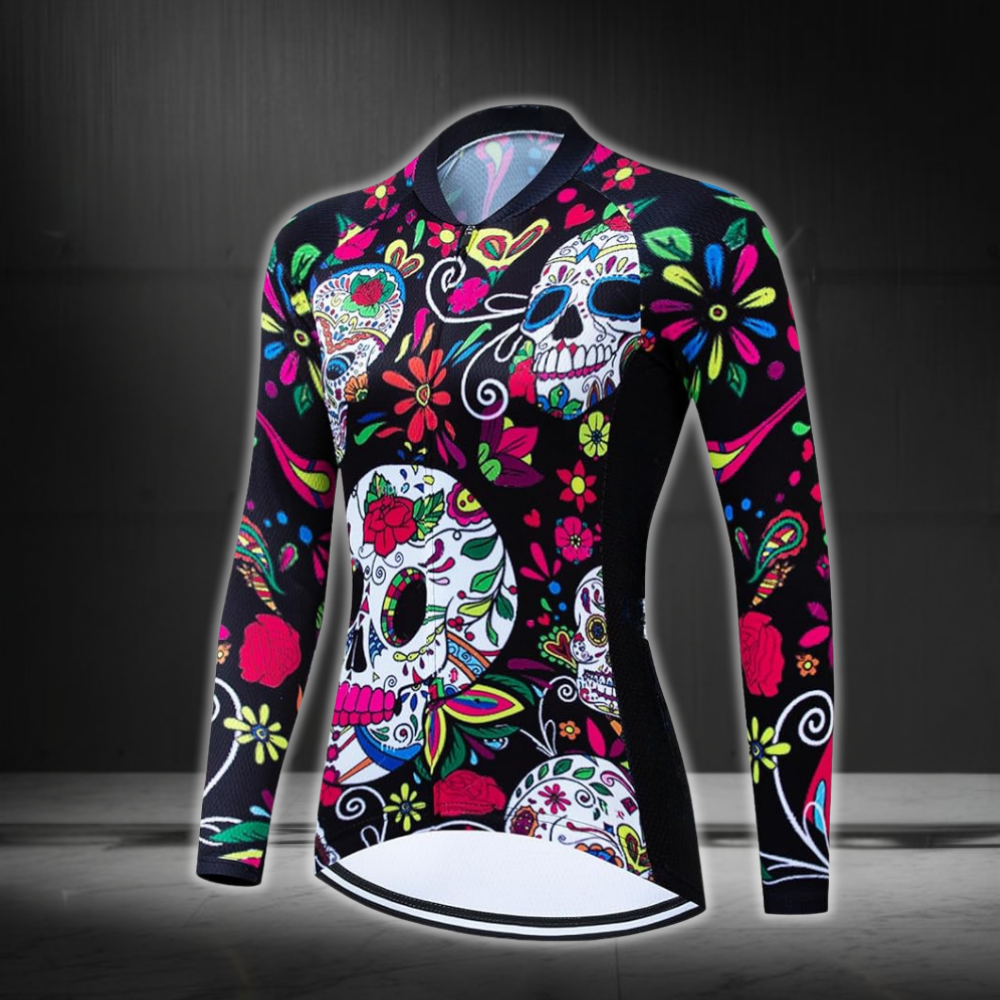 Sugar Skull Cycling Long Sleeve Jersey Womens, Day Of The Dead Cycling Jerseys For Ladies CZ0134