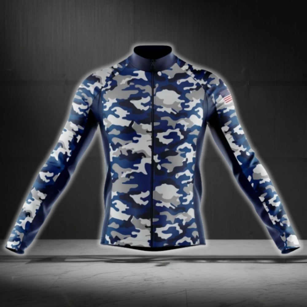 Men's Blue Camo Cycling Long Sleeve Jersey For Men, Camouflage Cycling Jerseys CG0724