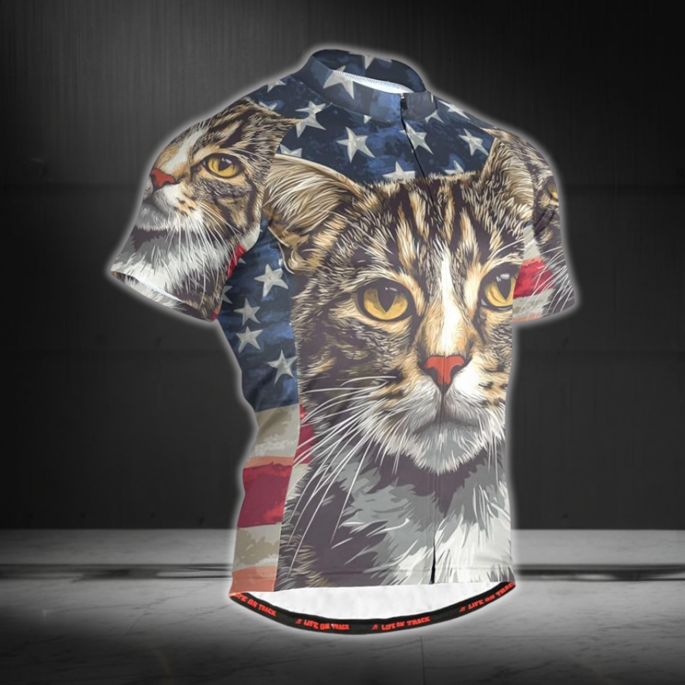 Cat American Flag Cycling Short Sleeve Jersey For Mens, Cat Patriotic Cycling Jerseys CZ0136