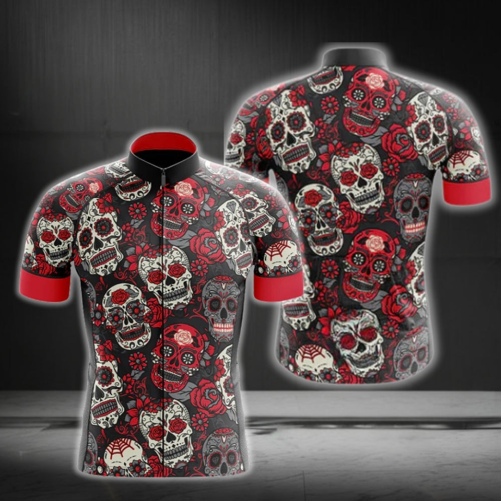 Black And Red Sugar Skull Cycling Short Sleeve Jerseys For Mens, Day Of The Dead Cycling Jerseys CG0200