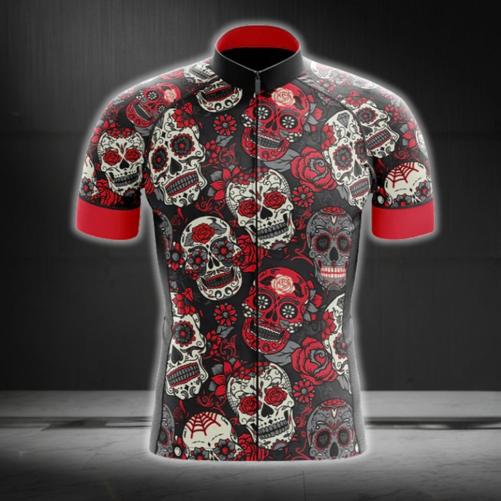 Black And Red Sugar Skull Cycling Short Sleeve Jerseys For Mens, Day Of The Dead Cycling Jerseys CG0200