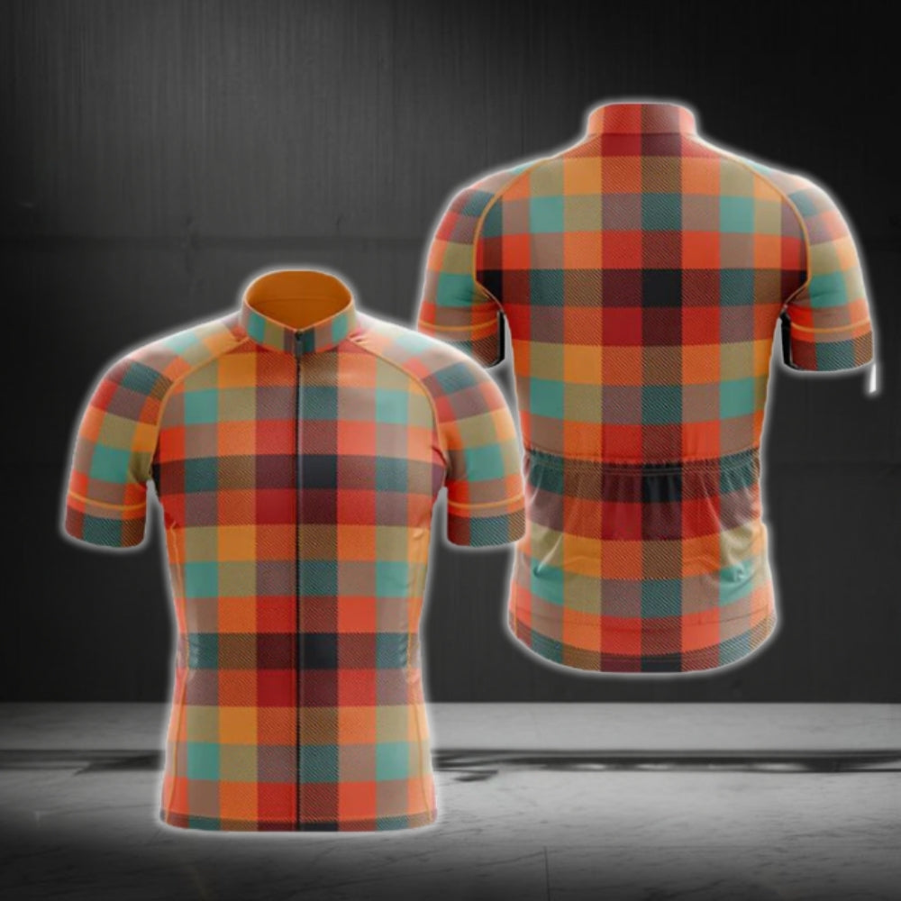 Orange Plaid Cycling Short Sleeve Men Jersey, Plaid Cycling Jerseys CG0544