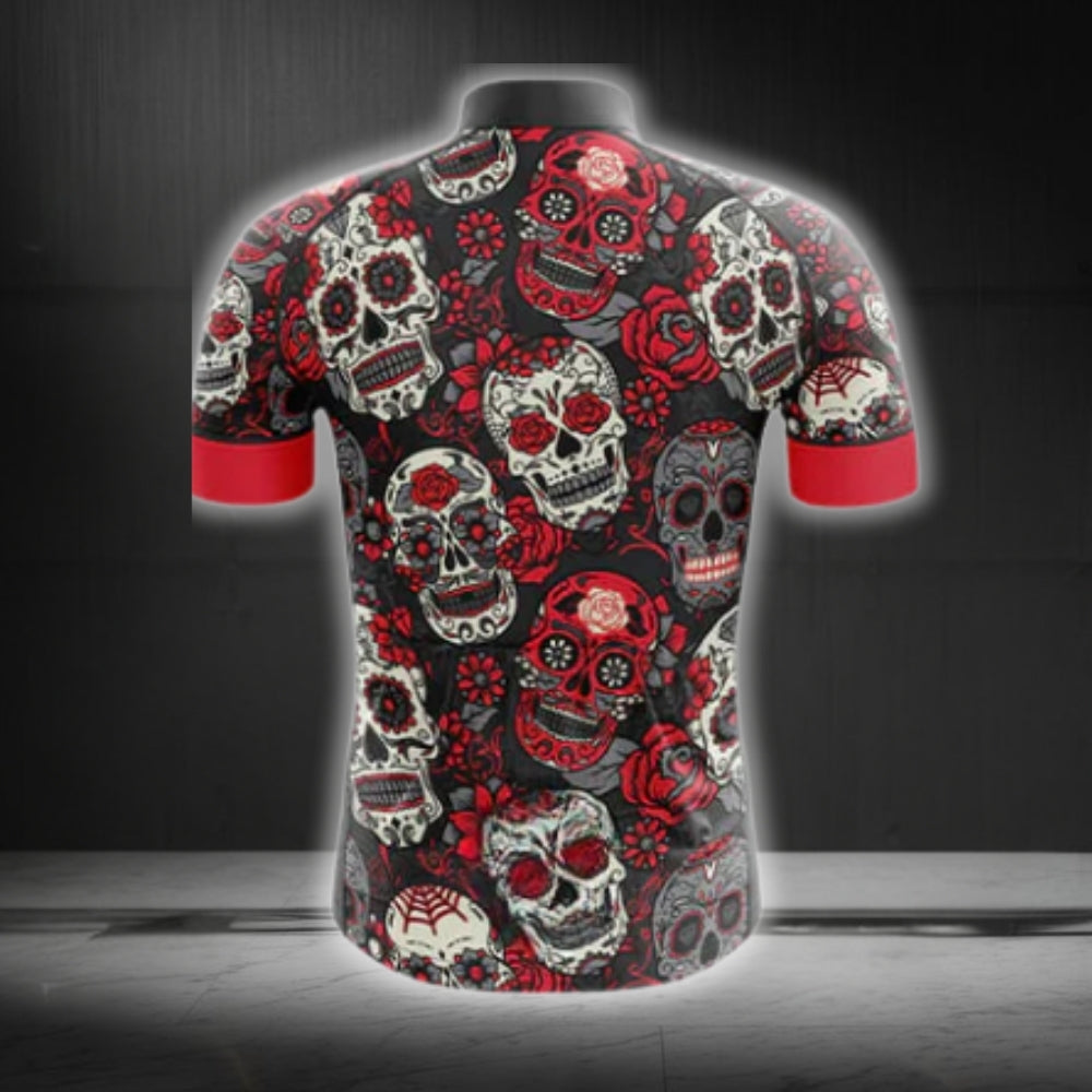 Black And Red Sugar Skull Cycling Short Sleeve Jerseys For Mens, Day Of The Dead Cycling Jerseys CG0200