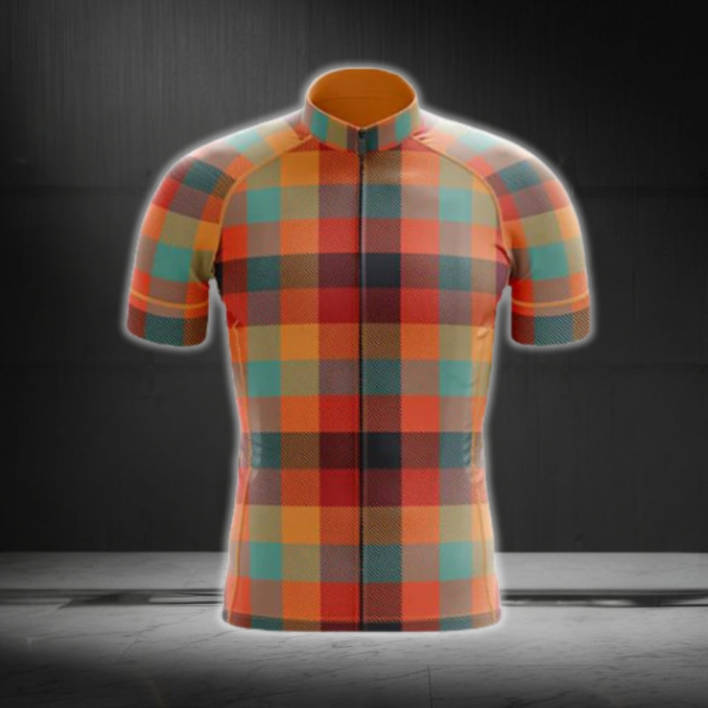 Orange Plaid Cycling Short Sleeve Men Jersey, Plaid Cycling Jerseys CG0544