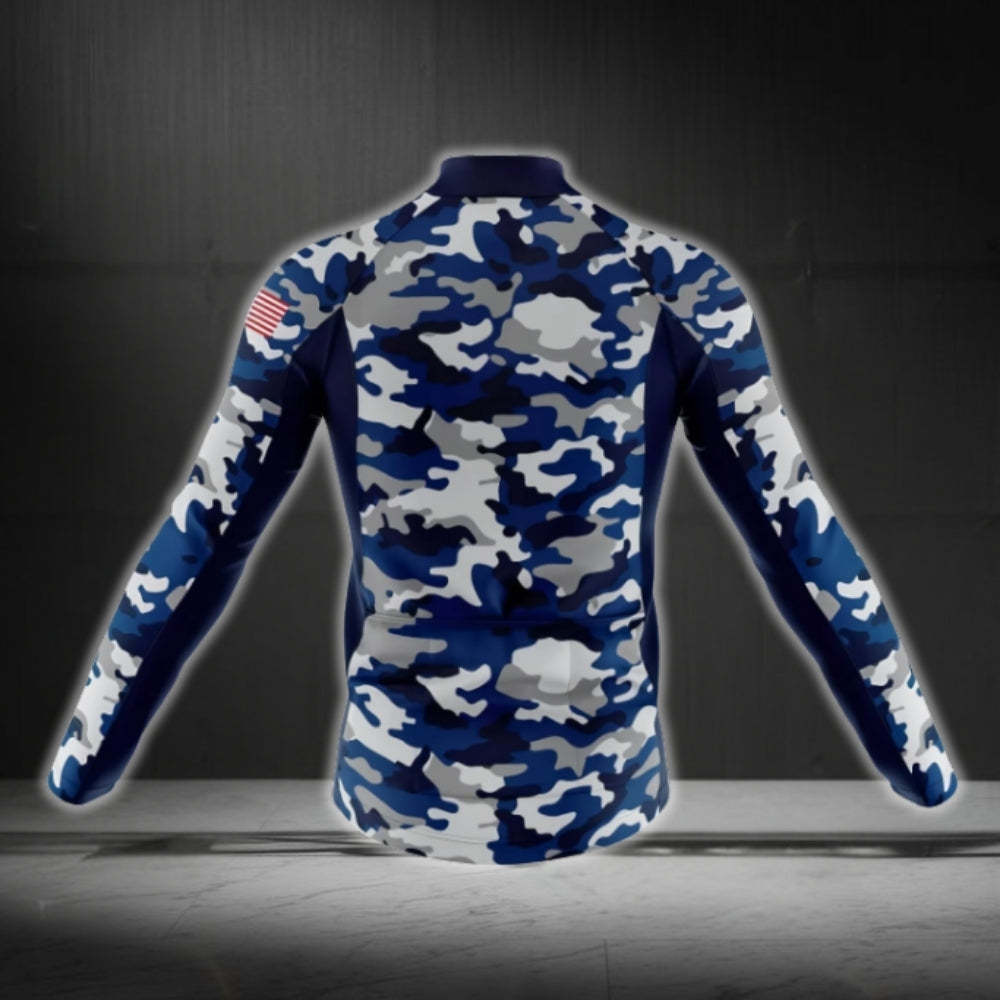Men's Blue Camo Cycling Long Sleeve Jersey For Men, Camouflage Cycling Jerseys CG0724