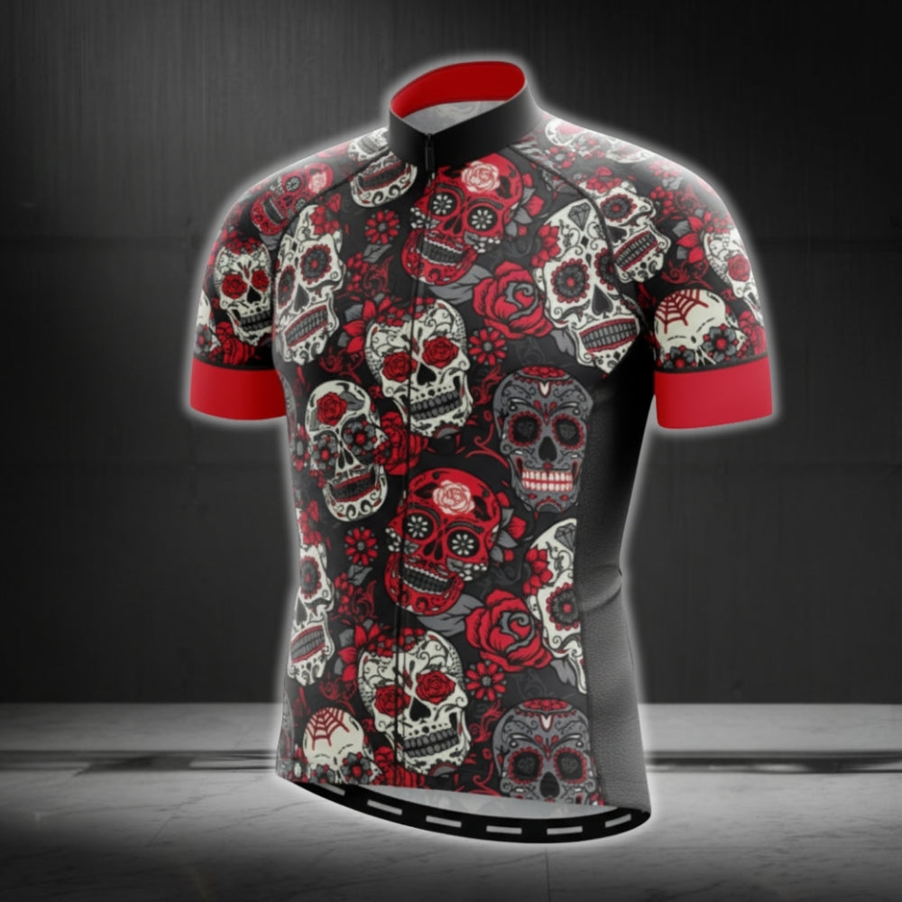 Black And Red Sugar Skull Cycling Short Sleeve Jerseys For Mens, Day Of The Dead Cycling Jerseys CG0200