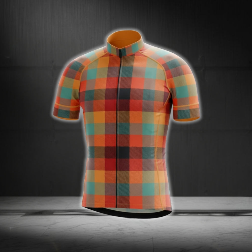 Orange Plaid Cycling Short Sleeve Men Jersey, Plaid Cycling Jerseys CG0544