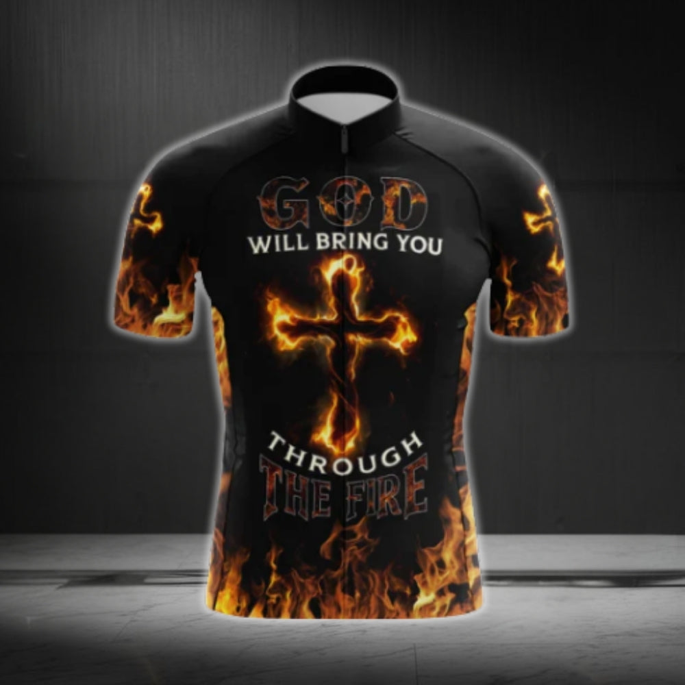 God Wil Bring You Through The Fire Cross Flame Short Sleeve Cycling Jersey For Men, Christian Cycling Jerseys CG0545