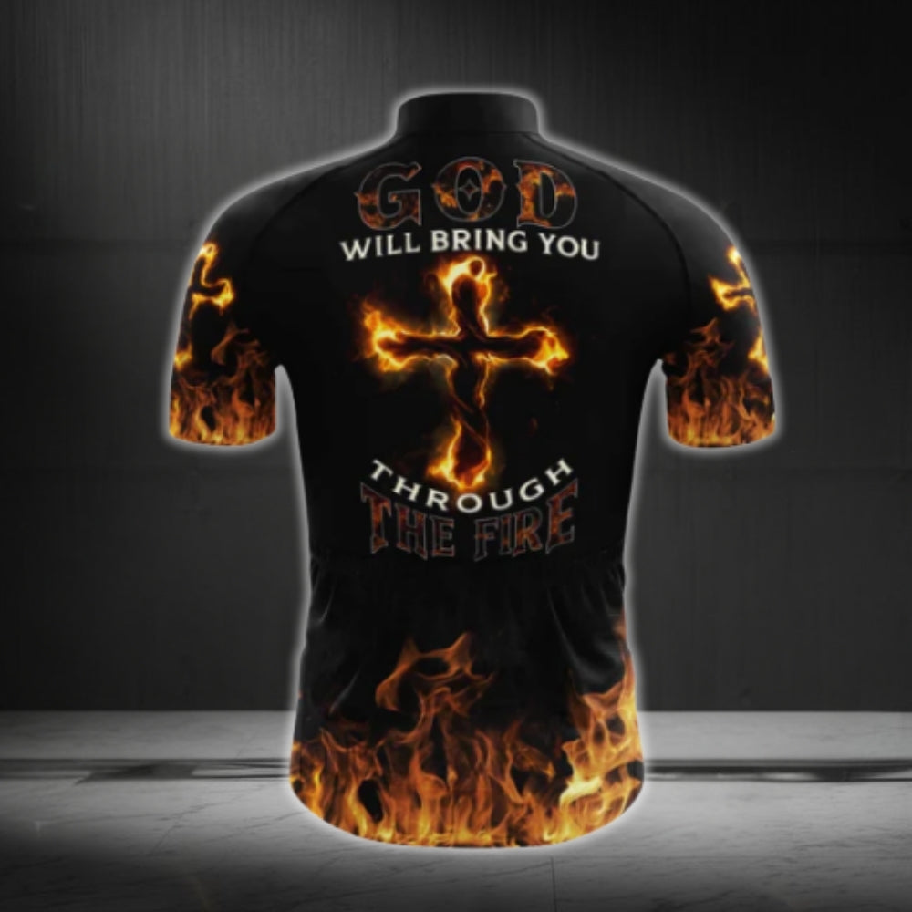 God Wil Bring You Through The Fire Cross Flame Short Sleeve Cycling Jersey For Men, Christian Cycling Jerseys CG0545
