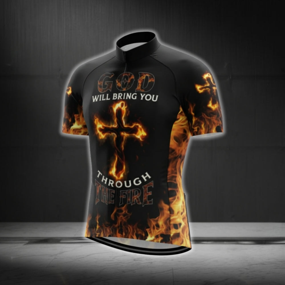 God Wil Bring You Through The Fire Cross Flame Short Sleeve Cycling Jersey For Men, Christian Cycling Jerseys CG0545