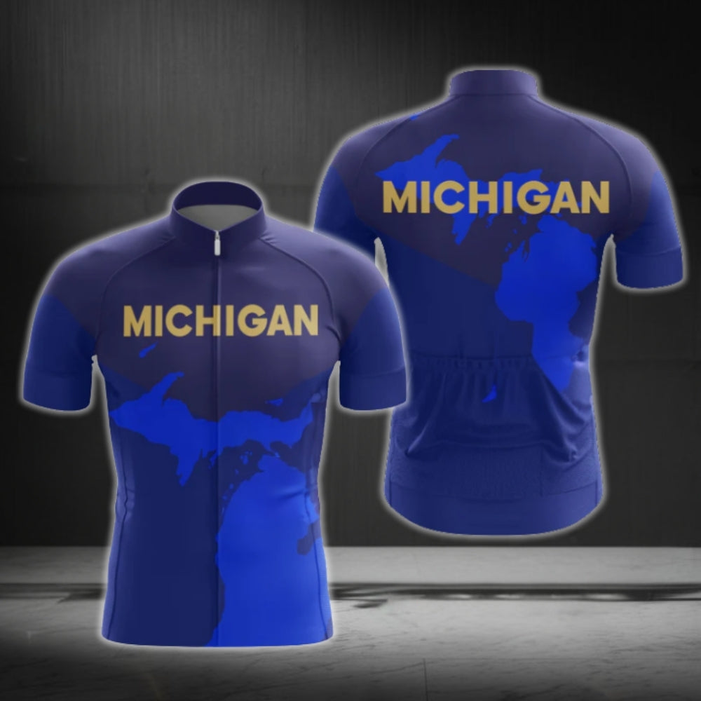 Blue Michigan Cycling Short Sleeve Jersey For Men, Michigan State Cycling Jerseys CG0423