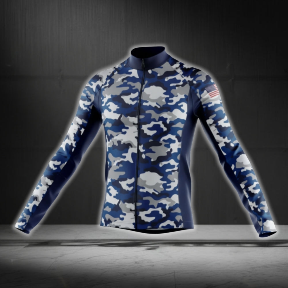 Men's Blue Camo Cycling Long Sleeve Jersey For Men, Camouflage Cycling Jerseys CG0724