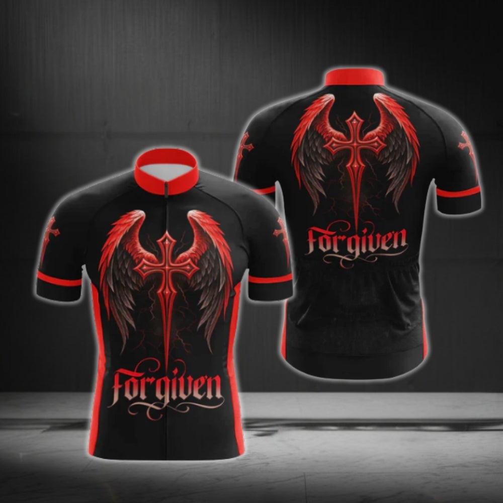 Black And Red Cross Forgiven Cycling Short Sleeve Jersey For Men, Christian Cycling Jerseys CG0547