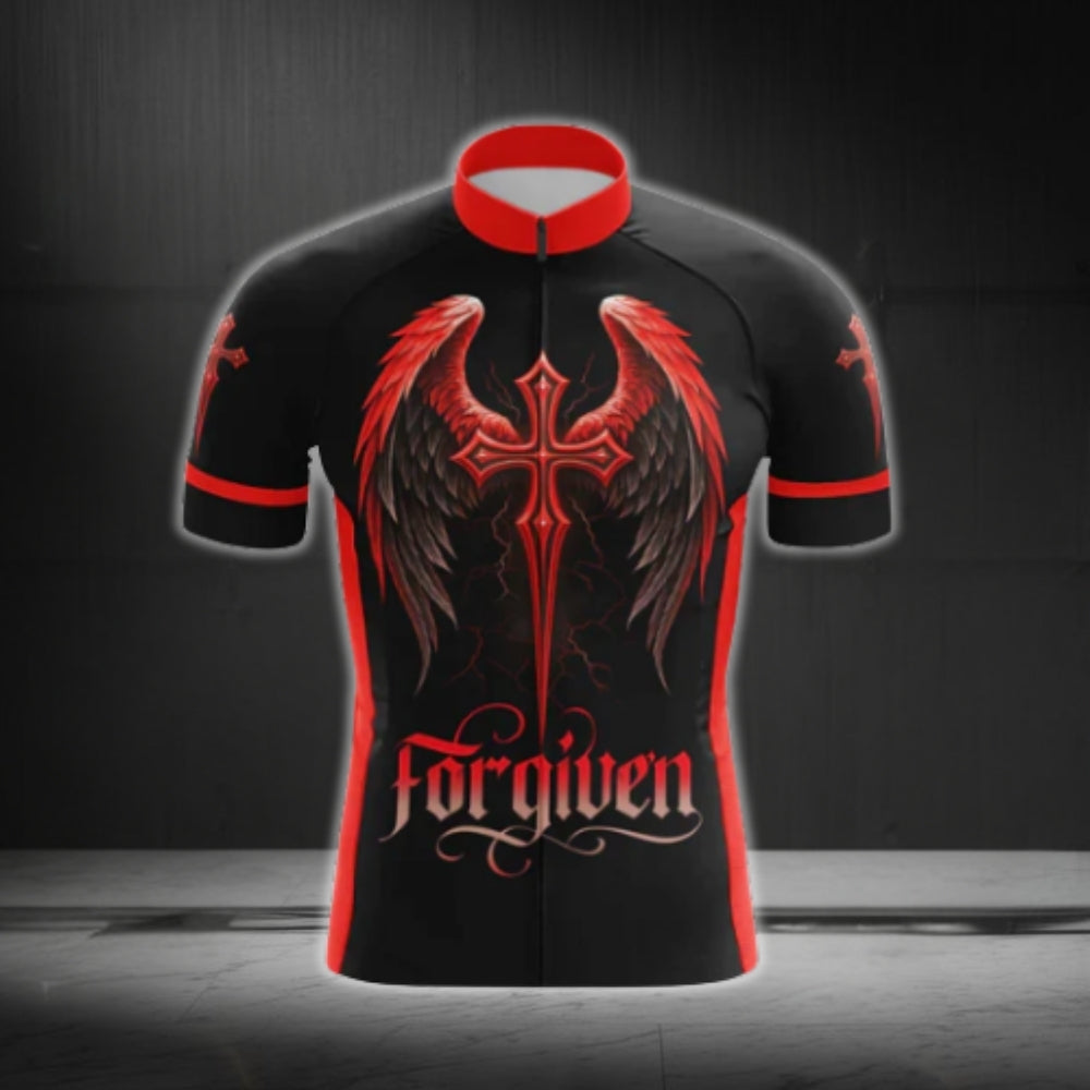 Black And Red Cross Forgiven Cycling Short Sleeve Jersey For Men, Christian Cycling Jerseys CG0547