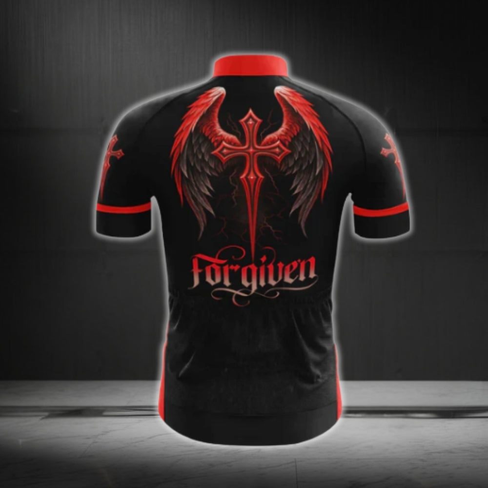 Black And Red Cross Forgiven Cycling Short Sleeve Jersey For Men, Christian Cycling Jerseys CG0547