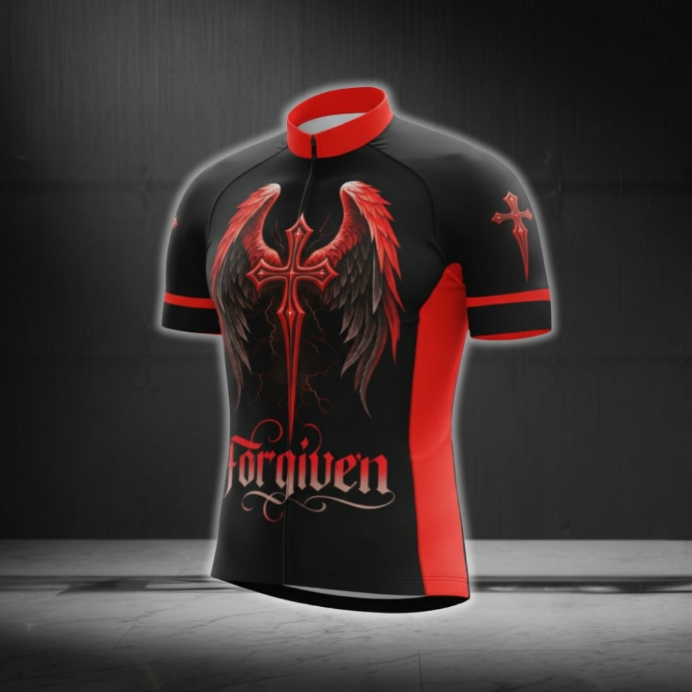 Black And Red Cross Forgiven Cycling Short Sleeve Jersey For Men, Christian Cycling Jerseys CG0547