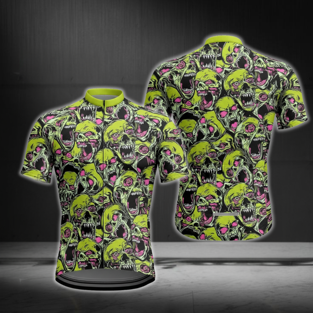 Green Skull Cycling Jersey Short Sleeve For Mens, Men's Skull Cycling Jerseys CE0052