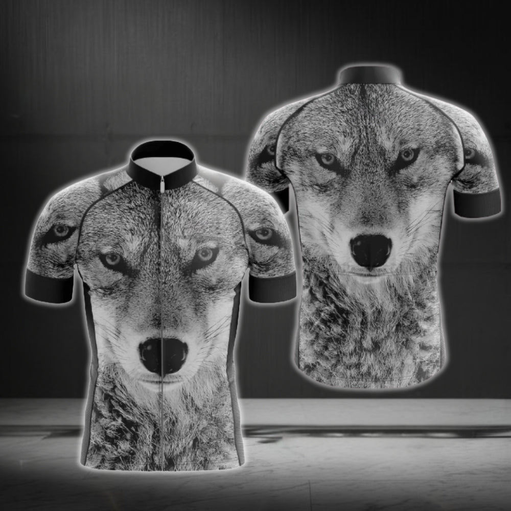 Black And White Wolf Short Sleeve Men Cycling Jersey, Wolf Cycling Jerseys CG0617