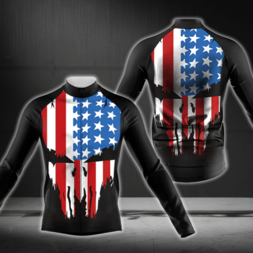 American Flag Skull Cycling Long Sleeve Men Jersey, Patriotic Skull Cycling Jerseys CG0727