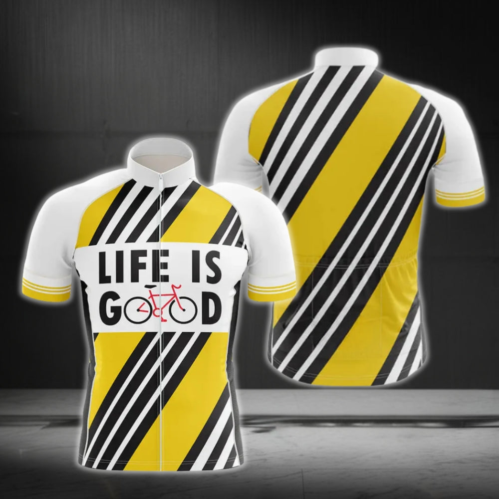 Life Is Good Yellow And White Cycling Short Sleeve Men's Jerseys, White and Yellow Cycling Jersey For Mens CG0243