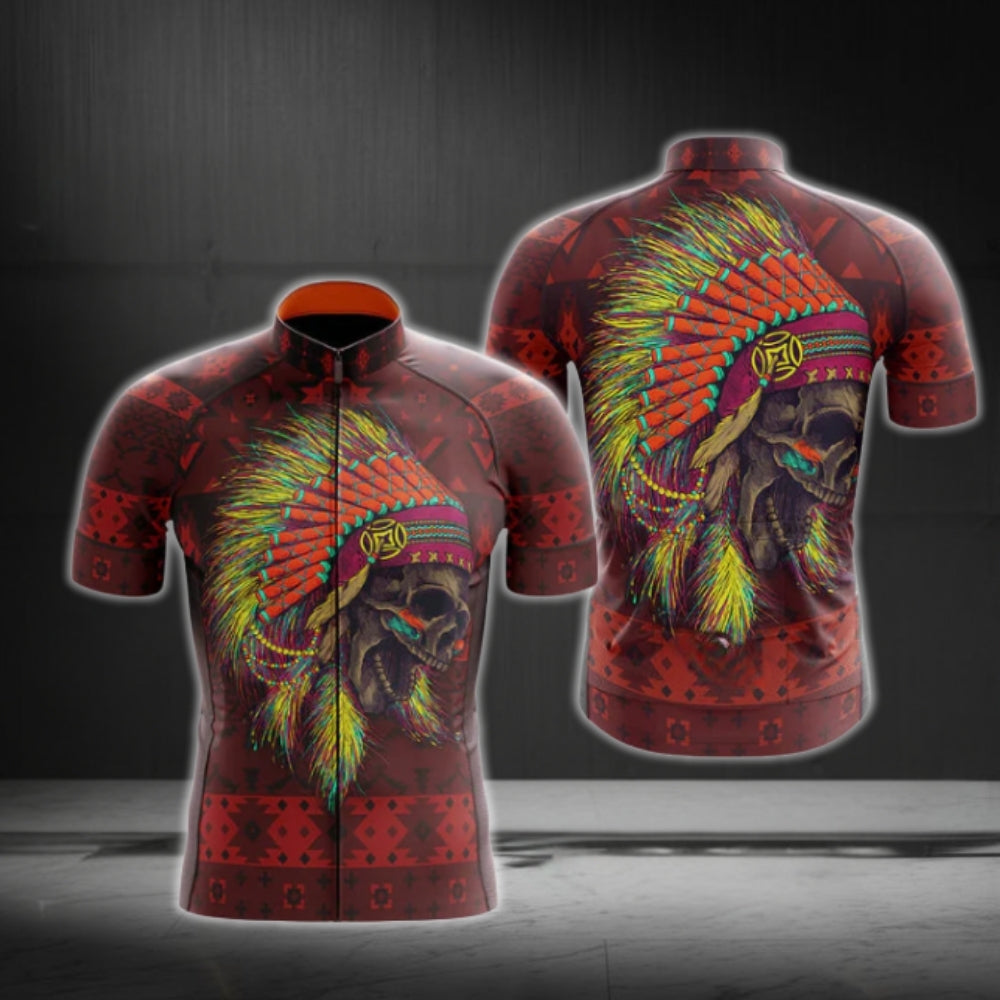Black And Red Skull Native Men Cycling Short Sleeve Jersey, Skull Native Cycling Jerseys CG0550
