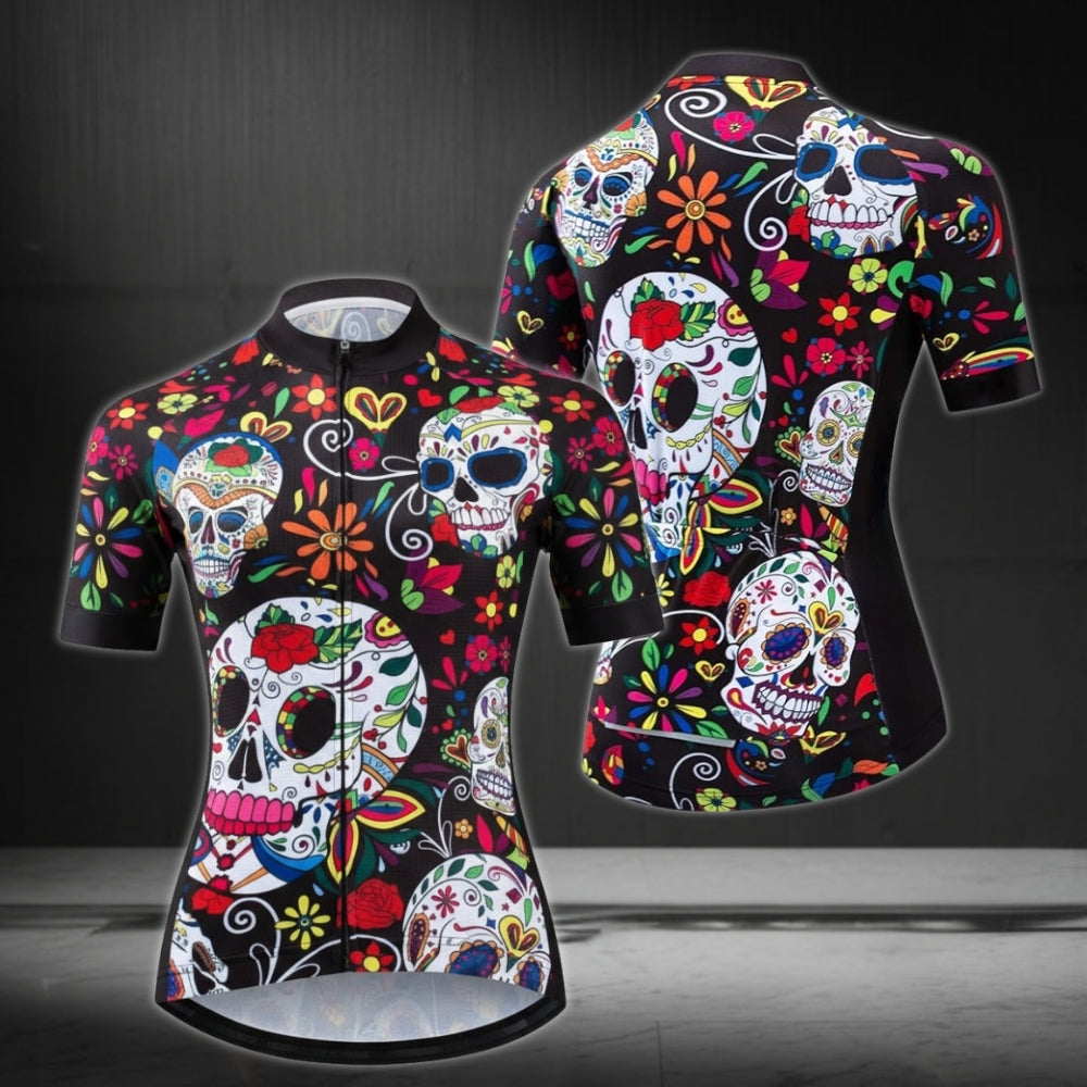 Women's Sugar Skull Cycling Short Sleeve Jersey, Day Of The Dead Womens Cycling Jerseys CZ0087