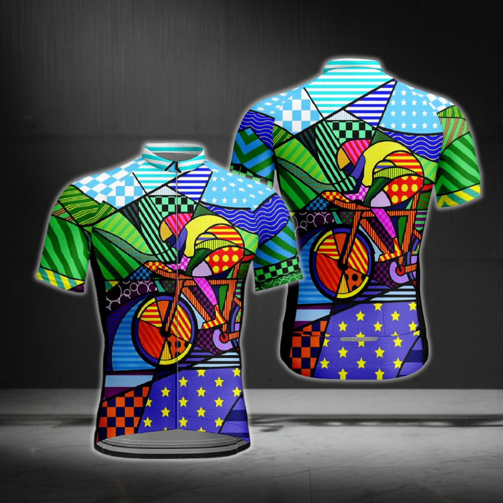 Colorful Geometric Cycling Short Sleeve Jersey Mens, Men's Colorful Cycling Jerseys CE0051