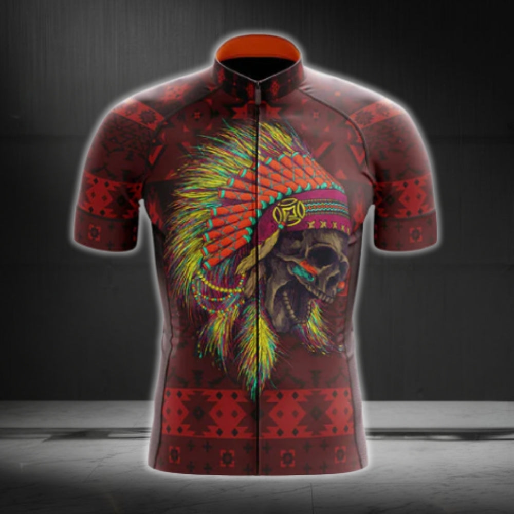 Black And Red Skull Native Men Cycling Short Sleeve Jersey, Skull Native Cycling Jerseys CG0550